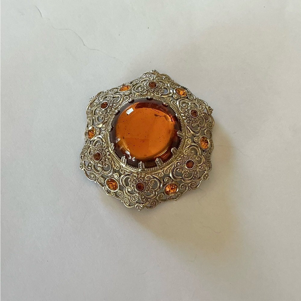 Vintage Gold Tone and Amber Brooch from West Germany